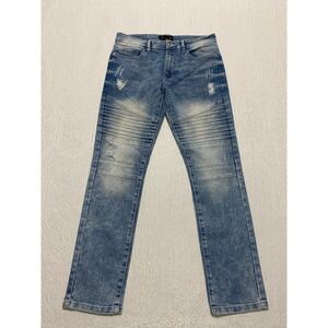 WT02 Moto Biker Jeans Men's Size 30x30 Blue Skinny Stretch Distressed Ribbed